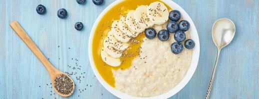 Banner mit Haferflocken, Bananen, Blaubeeren, Chiasamen, Mangomarmelade auf blauem Holzhintergrund. Ansicht von oben. gesundes Frühstück. foto