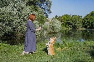 Junge Frau im Retro-Kleid mit lustigem Corgi-Hund auf dem Picknick foto