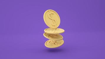 münzenstapel, die auf purpurroten hintergrund fallen, gewinn aus geschäftsinvestitionen, geldsparkonzept. 3D-Darstellung. foto