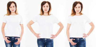 stellen Sie drei Frauent-shirt ein, das auf weißem Hintergrund, Mock-up, Mädchenhemd lokalisiert wird foto