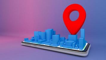 Mobiler digitaler Stadtplan mit roten Pin-Zeigern., Lieferkonzept., 3D-Rendering. foto