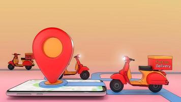 Scooter von einem Mobiltelefon ausgeworfen.,Online-Bestellung von Transportdiensten für mobile Anwendungen.,Konzept des schnellen Lieferservice und Online-Shopping.,3D-Illustration mit Objekt-Beschneidungspfad. foto