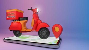 Scooter auf dem Handy mit rotem Pinpoint., Konzept des schnellen Lieferservice und Online-Shopping., 3D-Illustration mit Objekt-Beschneidungspfad. foto