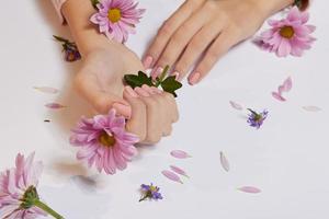 Modekunst Hautpflege von Händen und rosa Blumen in den Händen von Frauen foto