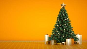 erstaunlicher luxuriöser weihnachtsbaum mit goldenen geschenkboxen und seitlichem kopierraum. 3D-Rendering. Weihnachtsbaum Blinker. Frohe Weihnachten und ein glückliches Neues Jahr. Weihnachtsgeschenke unter dem Baum. dekorative Kiefer Fichte. foto