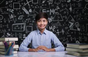 Der Lehrer saß am Tisch, um die Schüler im Klassenzimmer zu unterrichten foto