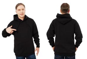 Mann Kapuzen-Set, schwarze Kapuzen-Vorder- und Rückansicht, Kapuzenmodell. leerer männlicher Hoody-Kopienraum. vorderer und hinterer Hintergrund foto