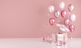 3D-Rendering-Konzept der Einladung zum Geburtstag, Valentinstag, Hochzeitskarte oder für kommerzielle Zwecke. realistische rosa luftballons mit leerem kopienraum für text und geschenk auf hintergrund. 3D-Rendering. 3D-Darstellung.