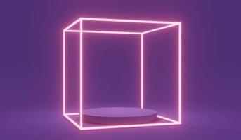 3D-Rendering-Konzept von futuristisch leuchtenden LED-Linien leuchtet quadratisch mit einem leeren Podium in violettem Design für kommerzielles kosmetisches Luxusdesign. 3D-Rendering. 3D-Darstellung. abstraktes lichtkonzept. foto