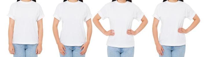 Brünette im T-Shirt isoliert auf weiß, Frau im T-Shirt-Set oder Collage, Vorderansicht des T-Shirts mit drei Mädchen foto