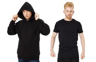Schwarzes Kapuzen-T-Shirt Mock-up-Set isolierte Vorderansicht, Mann im schwarzen Kapuzenpulli und Mann im T-Shirt-Mock-up-Set isoliert auf weißem Hintergrund. zwei Jungs in leerer schwarzer Hoodie- und T-Shirt-Collage foto