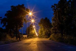 Viele Lichter auf der Straße mit Dämmerungsbäumen. foto