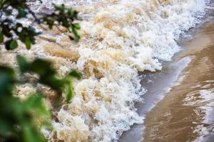 verschwommene grüne Blätter vor dem Hintergrund der trüben Flutwellenoberfläche, die turbulent die Wehre überflutet. foto