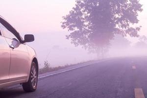 Auto auf der Straße mit Bäumen im Nebel geparkt. foto