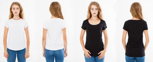 Collage-Frauen in weißem und schwarzem T-Shirt, Set-Frauen-T-Shirt mit Vorder- und Rückseitenansichten, leer foto