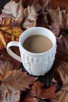 weißer Pullover gemusterte Kaffeetasse Tasse Kaffee, umgeben von Herbstlaub foto