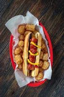 Ansicht von oben Hot Dog in geröstetem Brötchen mit tater Tots im Korb foto
