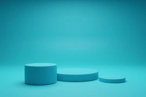 3D-Rendering blauer Farbzylinder-Produktpodeststand auf blauem, leerem Hintergrund. 3D-Schaufenstermodell Podium Illustration foto