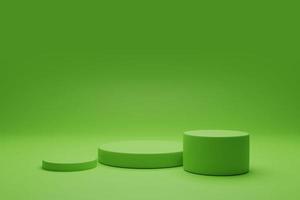 3D-Rendering grüner Farbzylinder-Produktpodeststand auf blauem, leerem Hintergrund. 3D-Schaufenstermodell Podium Illustration foto