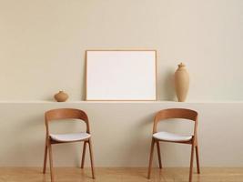 modernes und minimalistisches horizontales holzplakat oder fotorahmenmodell an der wand im wohnzimmer. 3D-Rendering. foto