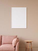 modernes und minimalistisches vertikales weißes plakat oder fotorahmenmodell an der wand im wohnzimmer. 3D-Rendering. foto