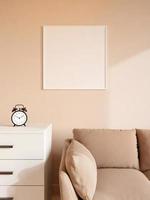 modernes und minimalistisches quadratisches weißes plakat oder fotorahmenmodell an der wand im wohnzimmer. 3D-Rendering. foto