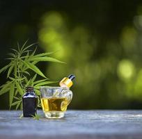 Behälter für ätherisches Cannabisöl mit Hanfblatt ist ein natürliches Kraut, das für medizinische Zwecke verwendet wird. foto