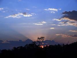 sonnenuntergang morgendämmerung berg raylighs blauer himmel wolken silhouette bäume foto