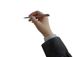 isolierte weibliche hand, die einen stift schreibt, der führungsstil schreibt, für präsentationselement foto