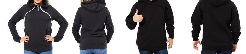 schwarze schöne Frau und Mann mittleren Alters im schwarzen Hoodie-Mock-up einzeln auf weißem Hintergrund foto