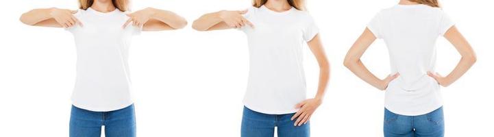 Set, Collage Frau zeigt Hand auf weißes T-Shirt isoliert, Mädchen-T-Shirt, Vorder- und Rückansicht, Bildausschnitt foto