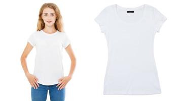 Mädchen weißes T-Shirt Mock-up, leeres T-Shirt Nahaufnahme, Sommer-T-Shirt auf weißem Hintergrund, Frau T-Shirt Mock-up foto