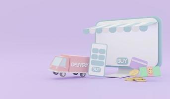 3D-Darstellung des Computerbildschirm-Smartphone-Lieferwagen-Geld- und Kreditkartenkonzepts des Online-Marketing-Einkaufs-E-Commerce im pastellfarbenen Thema. 3D-Darstellung.