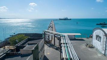 Öl-und Gasindustrie. Rohrleitungen. Ölstahlrohr in der Gruppe. Luftaufnahme. foto