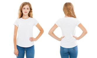 Vorder- und Rückseite zeigt T-Shirt isoliert auf weißem Hintergrund, T-Shirt-Collage oder Set, Mädchenhemd foto