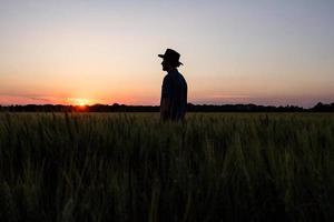 Junger männlicher Bauer steht während des Sonnenuntergangs allein im Weizenfeld foto