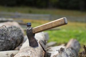 Nahaufnahme des Brennholzhackens, Landfoto mit Holz und Axt foto