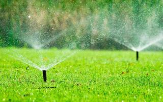 Automatischer Rasensprenger, der grünes Gras bewässert. Regner mit automatischem System. gartenbewässerungssystem bewässerung rasen. Wassereinsparung oder Wassereinsparung durch Sprinkleranlage mit verstellbarem Kopf.