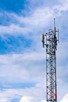 Fernmeldeturm mit klarem Hintergrund des blauen Himmels. Antenne am blauen Himmel. Radio- und Satellitenmast. Kommunikationstechnologie. Telekommunikationsbranche. mobil- oder telekommunikations-4g-netzwerk. Technologie foto