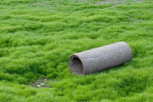 Ein altes Betonrohr auf einem rissigen Boden mit Gras. foto