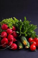 frisches Gemüse und Gemüse (Gurke, Radieschen, Tomate, Salat, Spinat) foto
