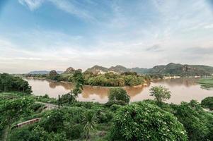 landschaft des tropischen regenwaldes und der historischen eisenbahn am river kwai am abend in kanchanaburi, thailand