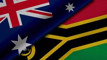 3D-Darstellung von zwei Flaggen aus dem Commonwealth of Australia und der Republik Vanuatu zusammen mit Stoffstruktur, bilateralen Beziehungen, Frieden und Konflikten zwischen Ländern, ideal für den Hintergrund foto