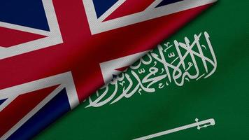 3D-Darstellung von zwei Flaggen aus Großbritannien oder Großbritannien und Saudi-Arabien zusammen mit Stoffstruktur, bilateralen Beziehungen, Frieden und Konflikten zwischen Ländern, ideal für den Hintergrund foto