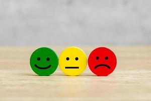 Emotionsgesichtsblock. Kunde wählt Emoticon für Benutzerbewertungen. Servicebewertung, Ranking, Kundenbewertung, Zufriedenheit, Stimmung, Bewertung und Feedback-Konzept foto