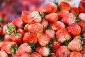 Haufen von reifen Erdbeeren zum Verkauf auf dem Markt Obst - geerntete frische Erdbeeren Hintergrund foto