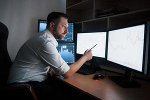 so viele Monitore. bärtiger mann im weißen hemd arbeitet im büro mit mehreren computerbildschirmen in indexdiagrammen foto