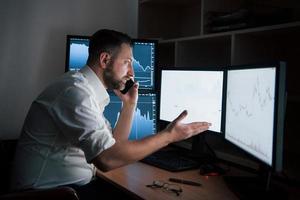 Gespräche über einige neue Angebote. bärtiger mann im weißen hemd arbeitet im büro mit mehreren computerbildschirmen in indexdiagrammen foto