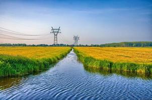 Holländische Landschaft mit einem Kanal und Grasfeldern mit Spiegelreflex foto