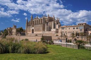 schöne gotische la seu kathedrale und kanal vom park gegen den himmel aus gesehen foto